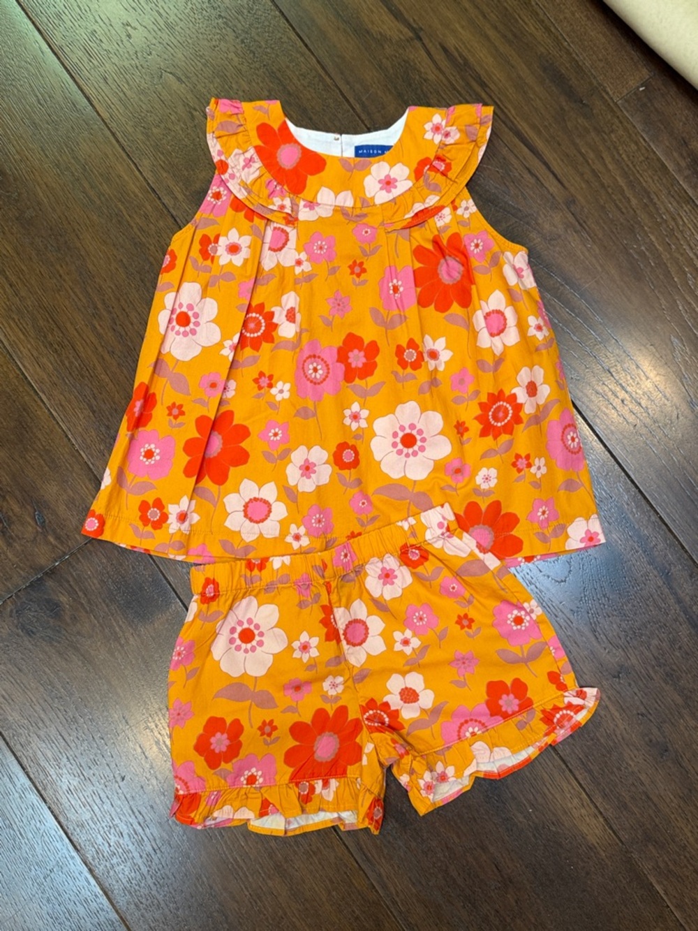 Maison Me- Girls Retro Floral Orange/Pink Blouse & Matching Shorts Set - Size: 7